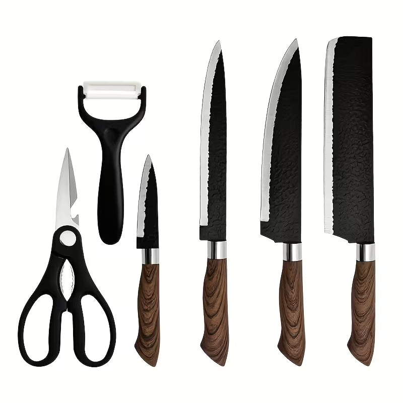 6pcs Stainless Steel Kitchen Knife Set | Wooden Handles | Chef, Vegetable, Fruit, Paring & Scissors
