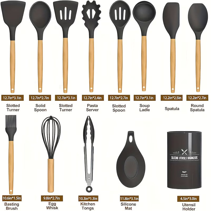 14pcs Silicone Utensil Set | Wooden Handles & Storage Bucket | Non-Stick, Heat-Resistant