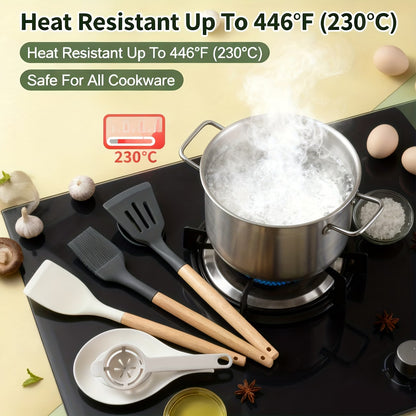 14pcs Silicone Utensil Set | Wooden Handles & Storage Bucket | Non-Stick, Heat-Resistant