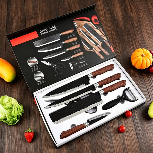6pcs Stainless Steel Kitchen Knife Set | Wooden Handles | Chef, Vegetable, Fruit, Paring & Scissors