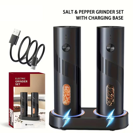 2pc Rechargeable Electric Salt & Pepper Grinder Set | LED Light, Adjustable Coarseness