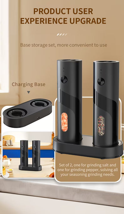 2pc Rechargeable Electric Salt & Pepper Grinder Set | LED Light, Adjustable Coarseness