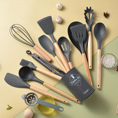 14pcs Silicone Utensil Set | Wooden Handles & Storage Bucket | Non-Stick, Heat-Resistant