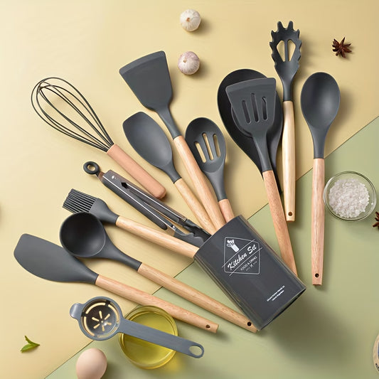 14pcs Silicone Utensil Set | Wooden Handles & Storage Bucket | Non-Stick, Heat-Resistant